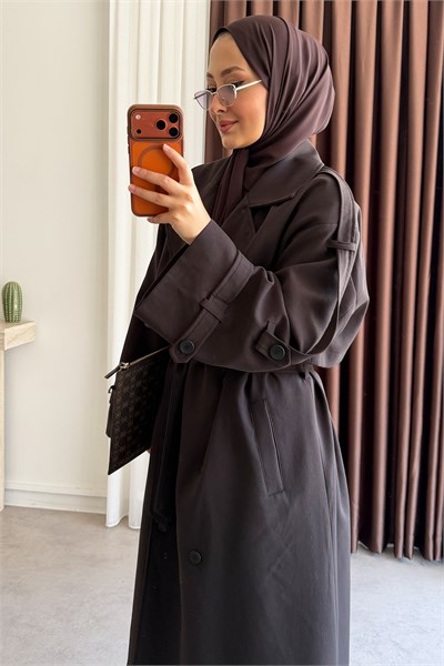 Pelerinli Oversize Trençkot - Kahverengi
