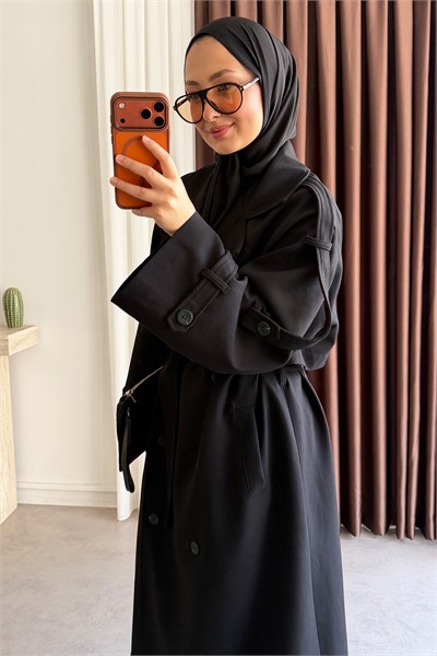 Pelerinli Oversize Trençkot - Siyah