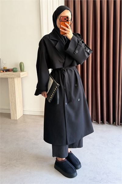 Pelerinli Oversize Trençkot - Siyah