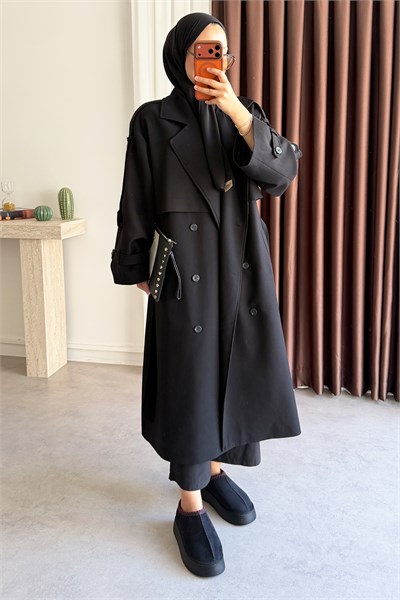 Pelerinli Oversize Trençkot - Siyah