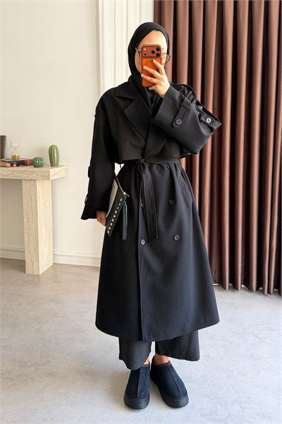 Pelerinli Oversize Trençkot - Siyah