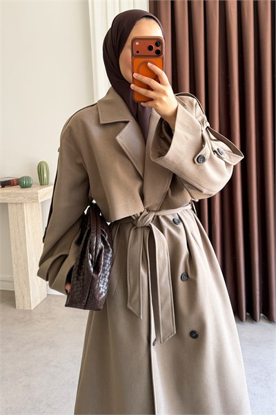 Pelerinli Oversize Trençkot - Vizon