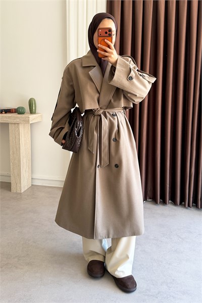 Pelerinli Oversize Trençkot - Vizon