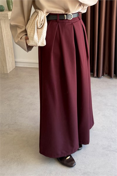 Pileli Bol Paça Pantolon - Bordo