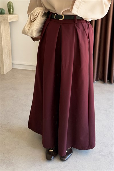 Pileli Bol Paça Pantolon - Bordo
