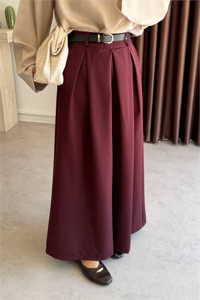 Pileli Bol Paça Pantolon - Bordo