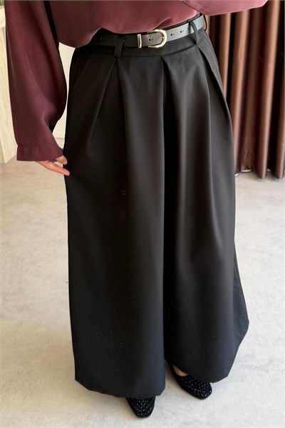 Pileli Bol Paça Pantolon - Siyah