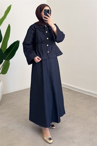 Pileli Denim Takım - Lacivert