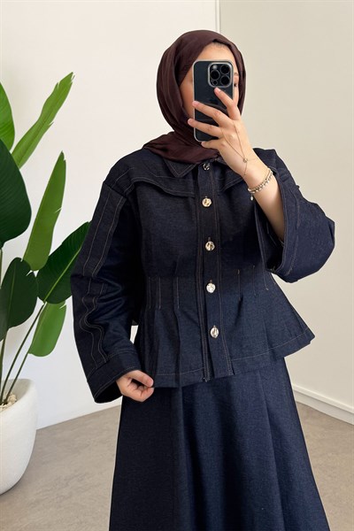 Pileli Denim Takım - Lacivert