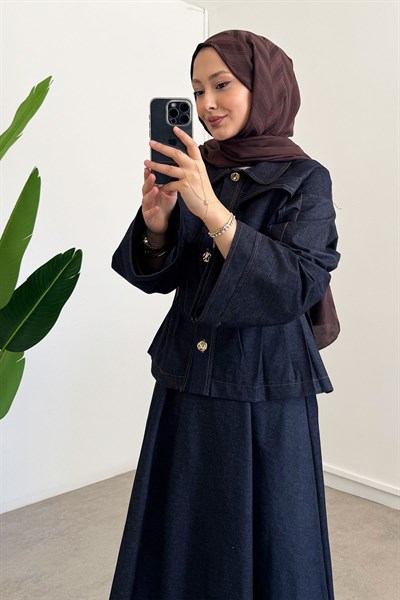 Pileli Denim Takım - Lacivert