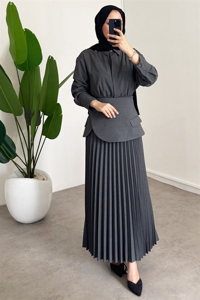 Pileli Detay Elbise - Antrast