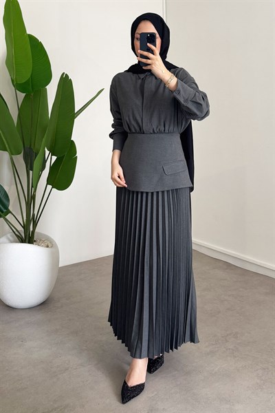 Pileli Detay Elbise - Antrast