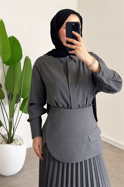 Pileli Detay Elbise - Antrast