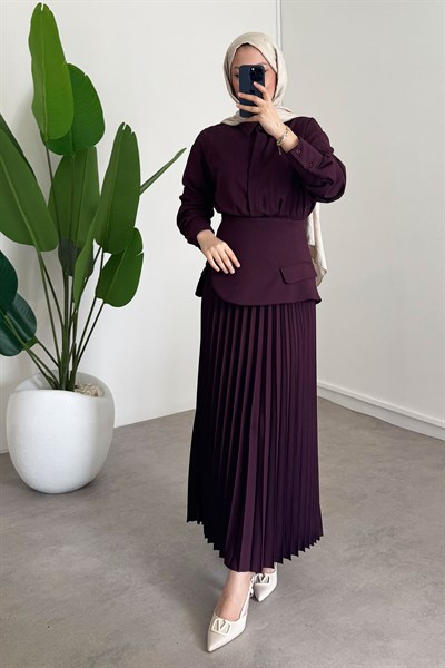 Pileli Detay Elbise - Bordo