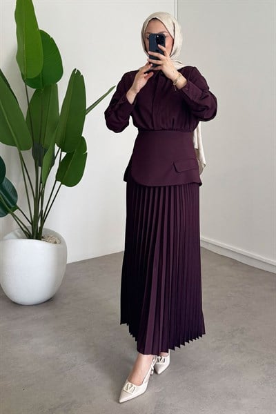 Pileli Detay Elbise - Bordo