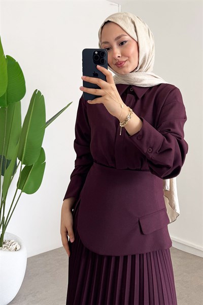 Pileli Detay Elbise - Bordo