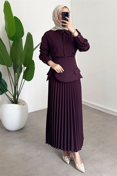 Pileli Detay Elbise - Bordo