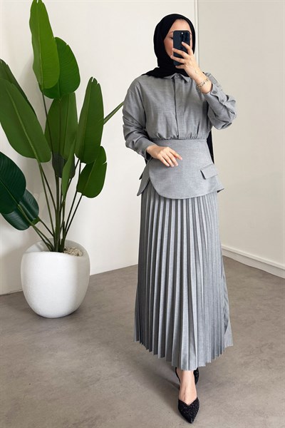 Pileli Detay Elbise - Grı