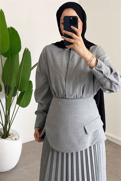 Pileli Detay Elbise - Grı