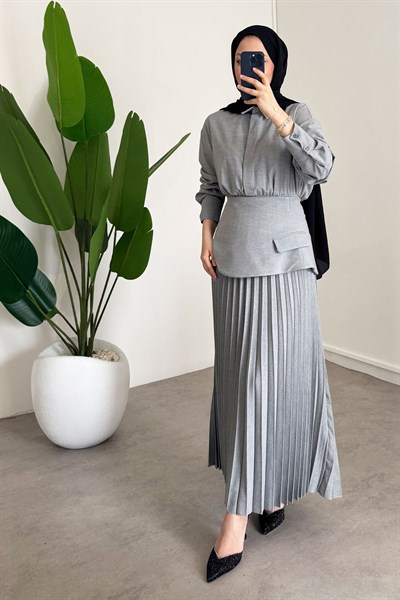 Pileli Detay Elbise - Grı