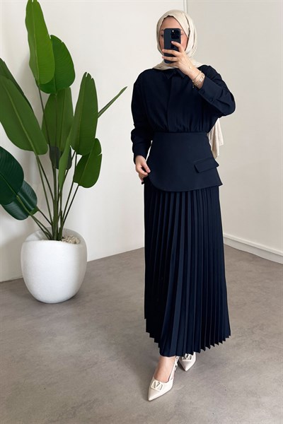 Pileli Detay Elbise - Lacivert