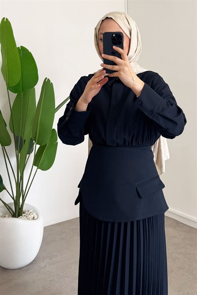 Pileli Detay Elbise - Lacivert