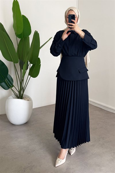 Pileli Detay Elbise - Lacivert