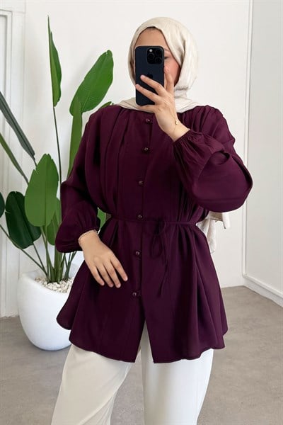 Pileli Dügmeli Gömlek - Bordo