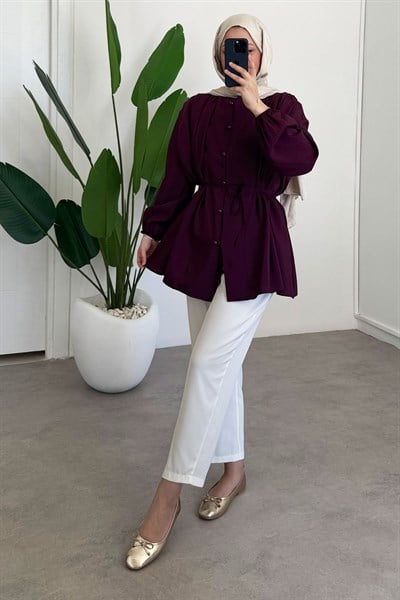 Pileli Dügmeli Gömlek - Bordo