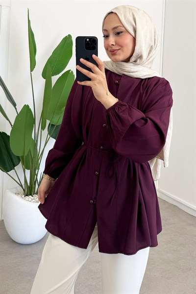 Pileli Dügmeli Gömlek - Bordo