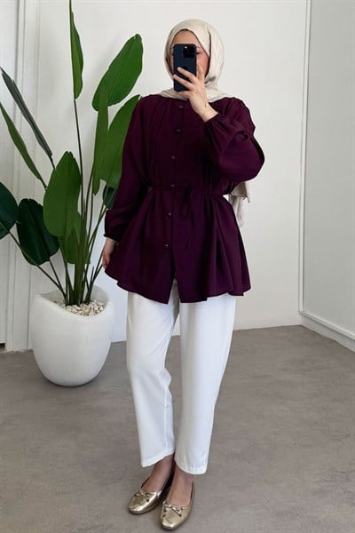 Pileli Dügmeli Gömlek - Bordo