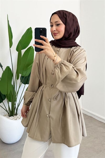 Pileli Dügmeli Gömlek - Haki Yeşil