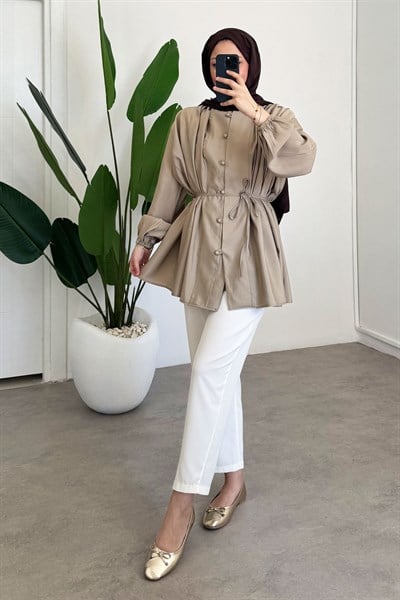 Pileli Dügmeli Gömlek - Haki Yeşil