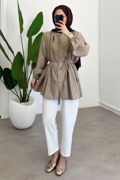 Pileli Dügmeli Gömlek - Haki Yeşil