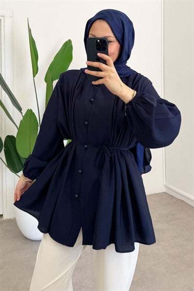 Pileli Dügmeli Gömlek - Lacivert