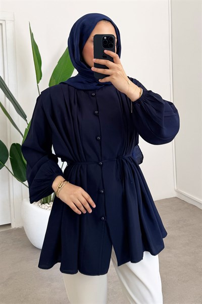 Pileli Dügmeli Gömlek - Lacivert