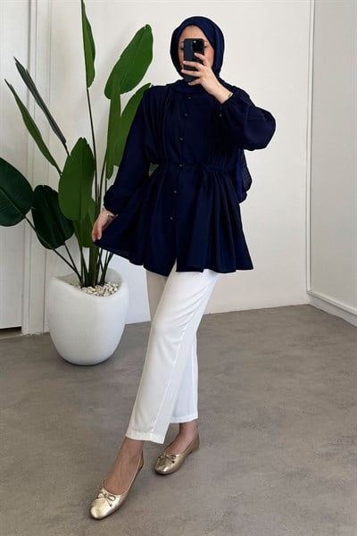 Pileli Dügmeli Gömlek - Lacivert