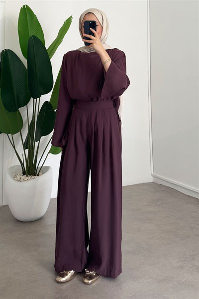 Pileli Modal Takım - Bordo