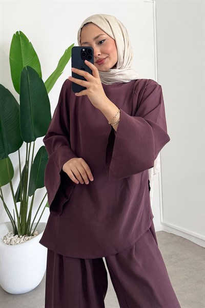 Pileli Modal Takım - Bordo