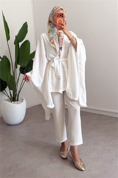 Püskül Detay Kimono - Beyaz