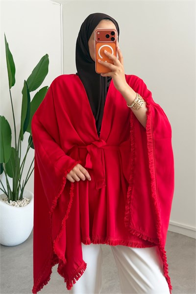 Püskül Detay Kimono - Kırmızı