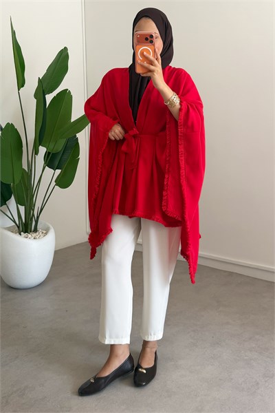 Püskül Detay Kimono - Kırmızı