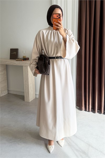 Reglan Kemerli Elbise - Bej