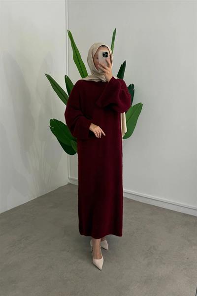 SAÇAKLI TRİKO ELBİSE 67-1902 - BORDO