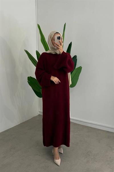 SAÇAKLI TRİKO ELBİSE 67-1902 - BORDO