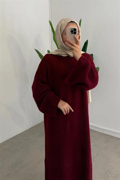 SAÇAKLI TRİKO ELBİSE 67-1902 - BORDO