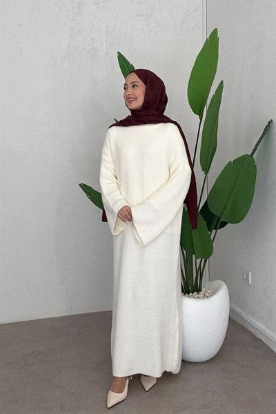 SAÇAKLI TRİKO ELBİSE 67-1902 - EKRU