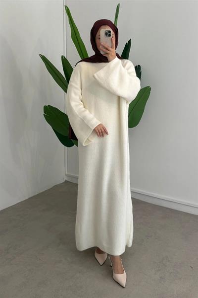 SAÇAKLI TRİKO ELBİSE 67-1902 - EKRU