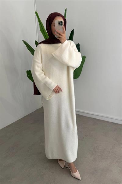 SAÇAKLI TRİKO ELBİSE 67-1902 - EKRU