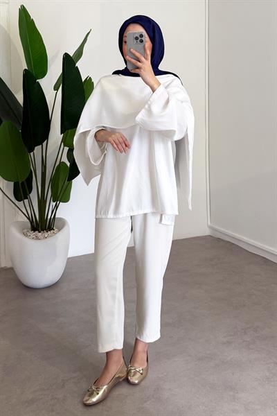 Şal Detaylı Tunik - Ekru